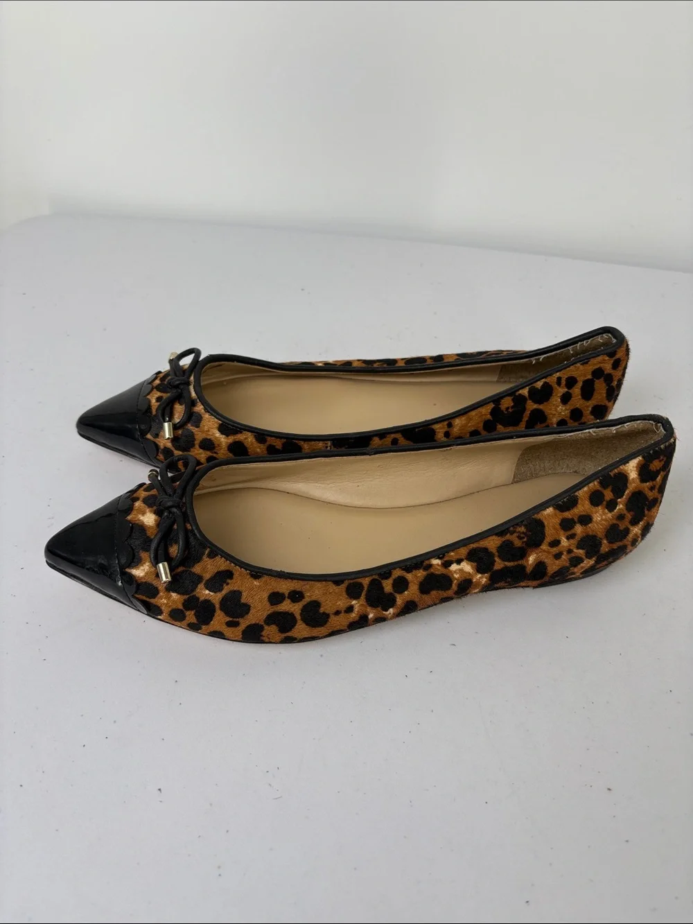 👞 Lands' End fur leather Leopard Print Pointed Toe Flats with Black Patent Cap